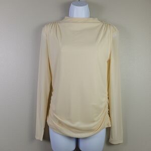 AQUA Nude Funnel Neck Mesh Ruched Long Sleeves Top Size Medium NWT